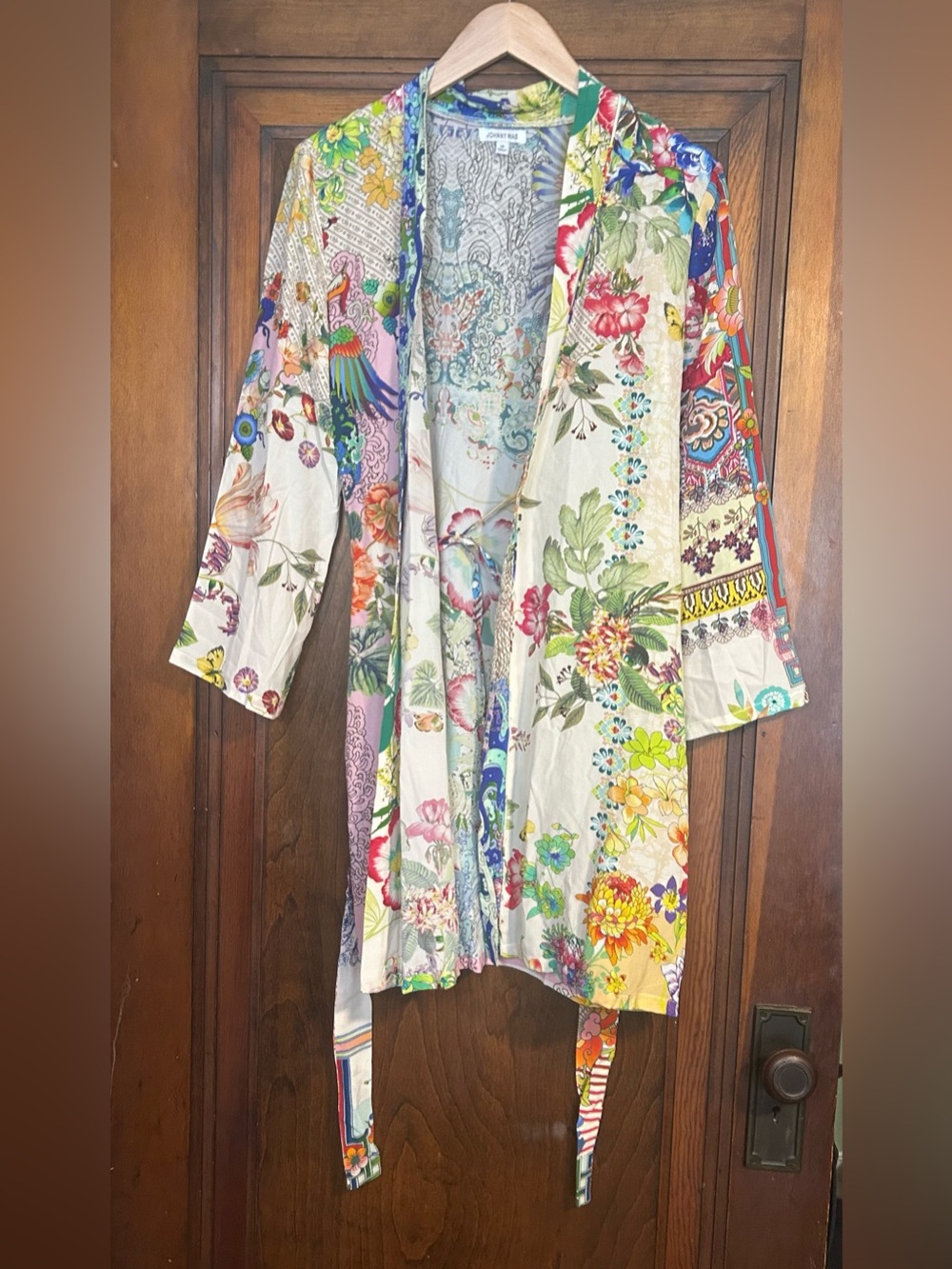 Johnny Was 100% Silk Floral Patchwork Belted Kimono Cardigan XS Boho